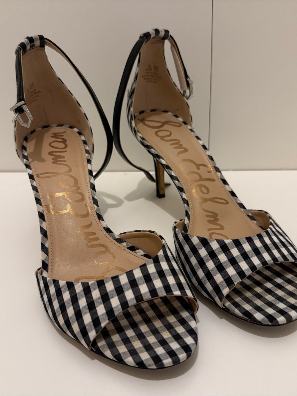 Sam Edelman Black & White Gingham Open-Toe Ankle Strap Heels